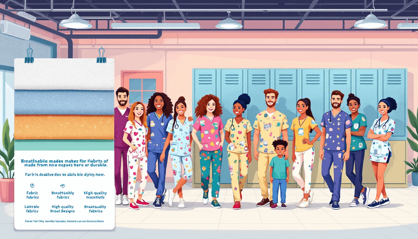 A variety of scrubs made from breathable and durable fabrics, showcasing stylish designs.