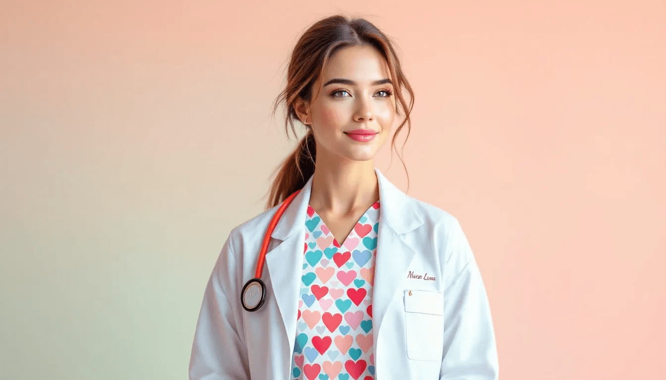 A stylish nurse in scrubs that blend professionalism with trendy designs, ideal for healthcare settings.