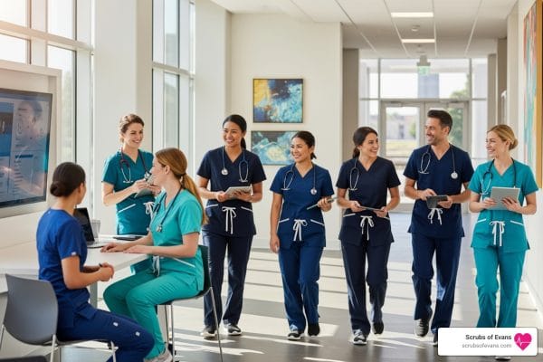 Happy nurses in scrubs from scrubs of evans