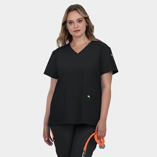 Cureology cardi top c101 in black — women's v-neck scrub top model photo
