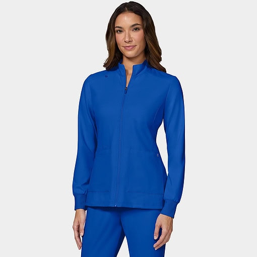 Cureology geneses womens jacket c400 in royal blue — women's scrub jacket model photo