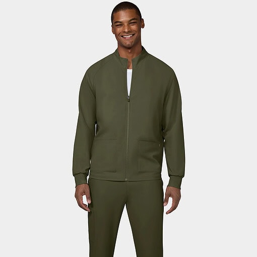 Cureology alpha mens jacket c401 in olive green — men's scrub jacket model photo