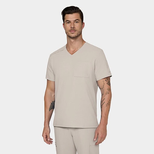 Cureology arthro top c650 in khaki — men's v-neck scrub top model photo