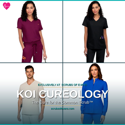 Various scrubs in different colors on nurses male and female