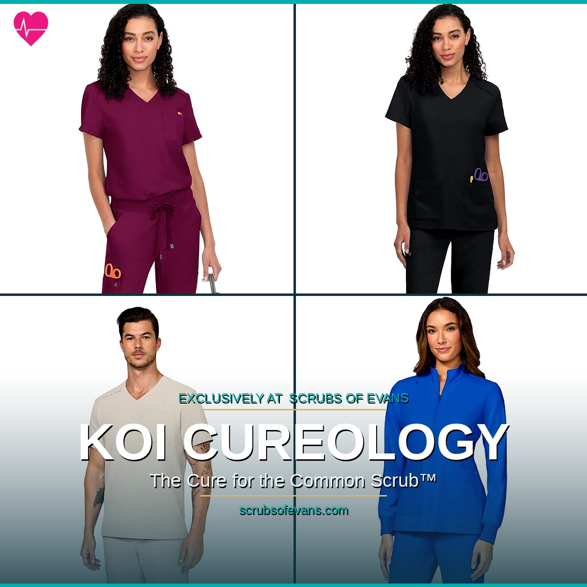 Various scrubs in different colors on nurses male and female